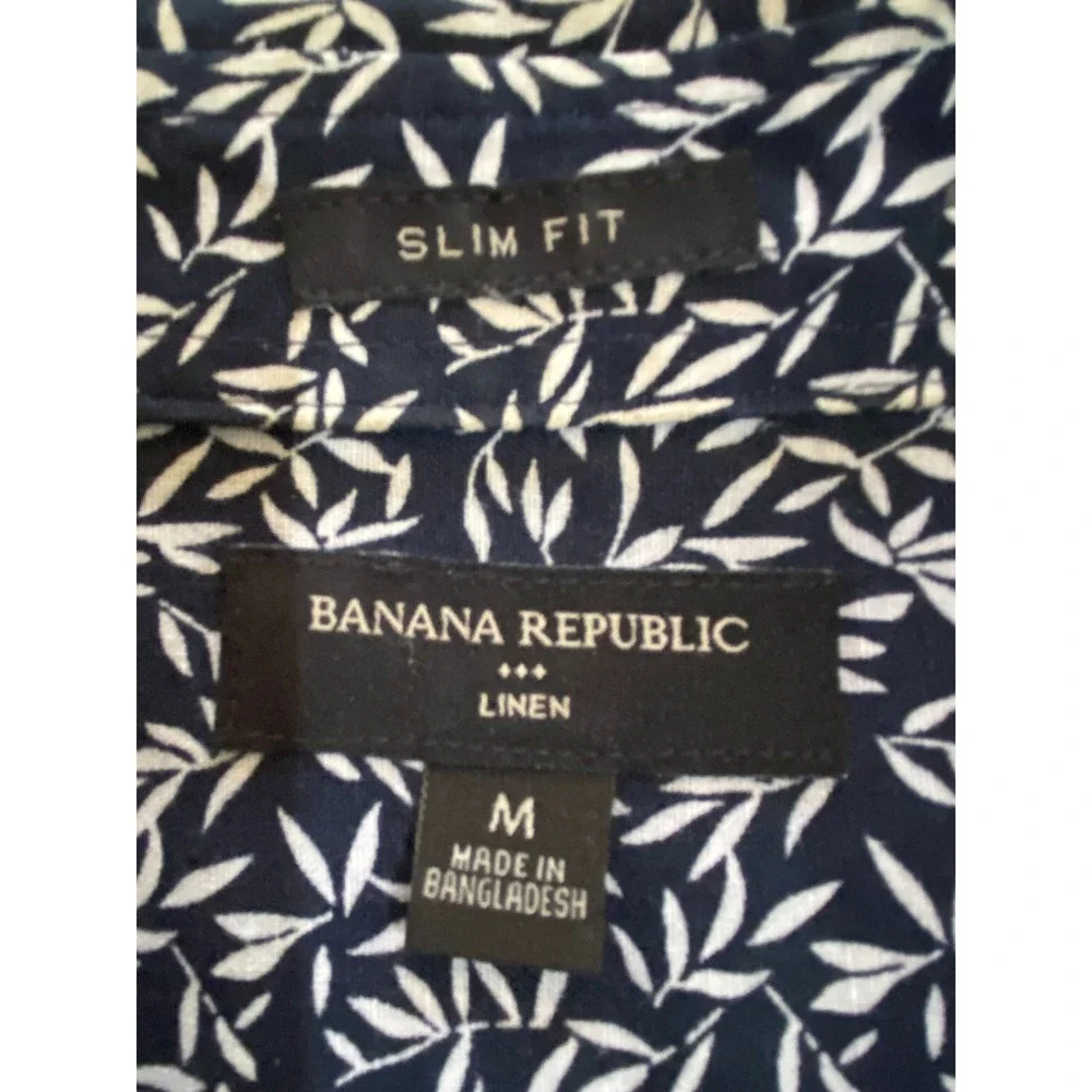 Banana Republic‎ Linen Cotton Shirt Mens M Slim Fit Navy Blue White Button Up